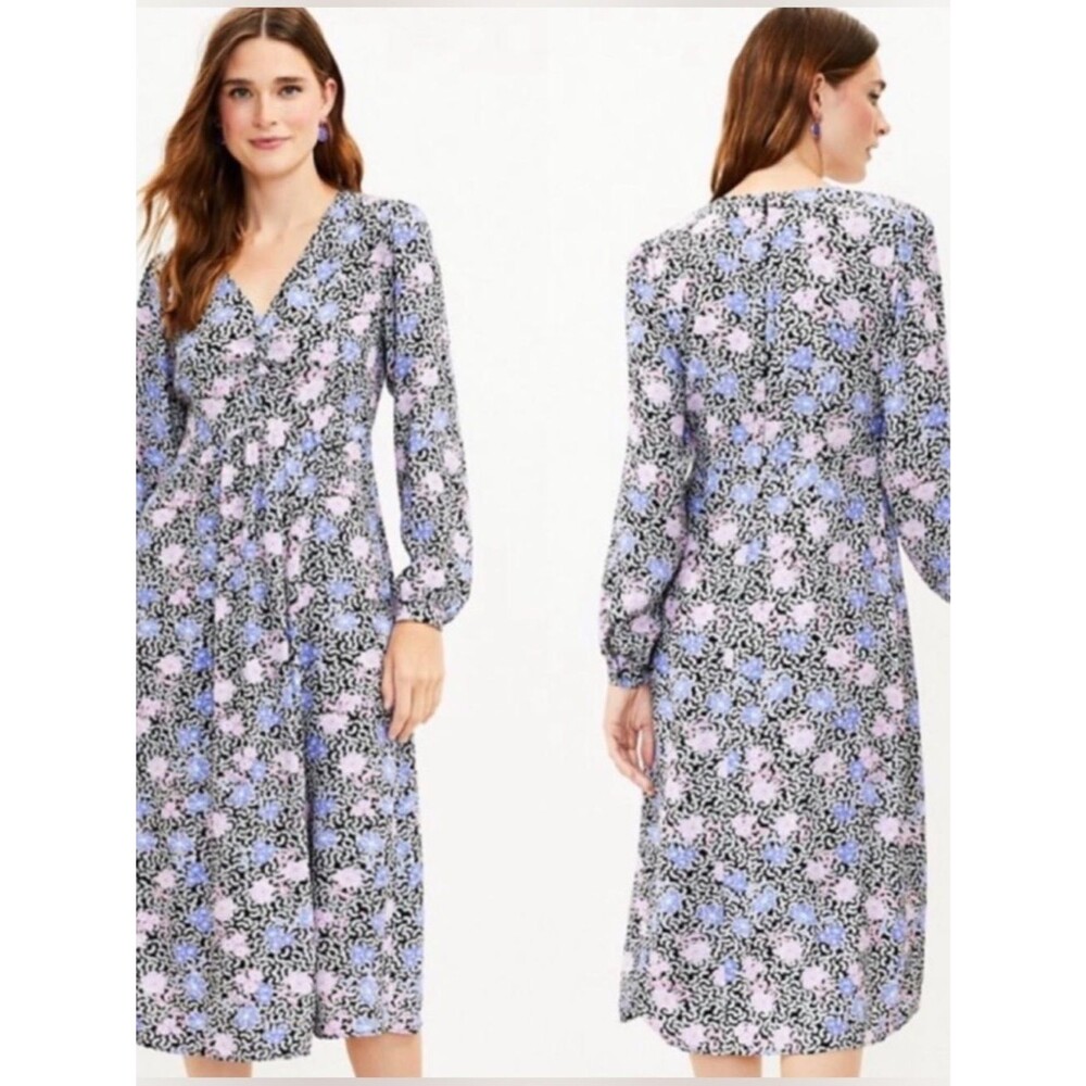 LOFT Floral Midi Dress Size 8 New with Tags Violet Pink Modest Long Sleeve